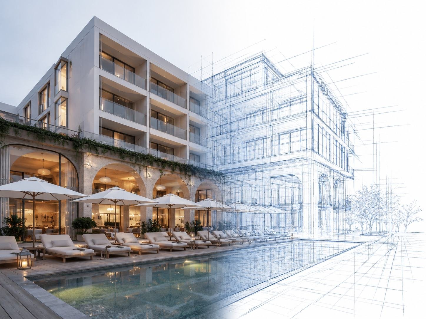 Hotel exterior blending a finished building with an architectural line drawing
