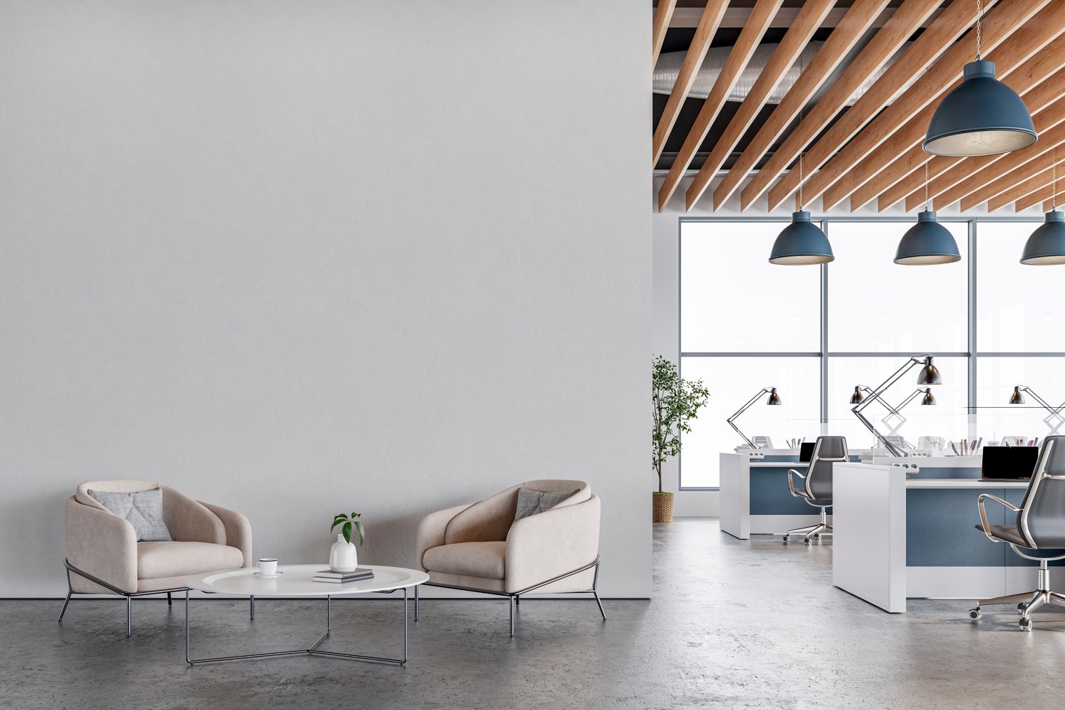 Modern office interior with lounge seating and workstations